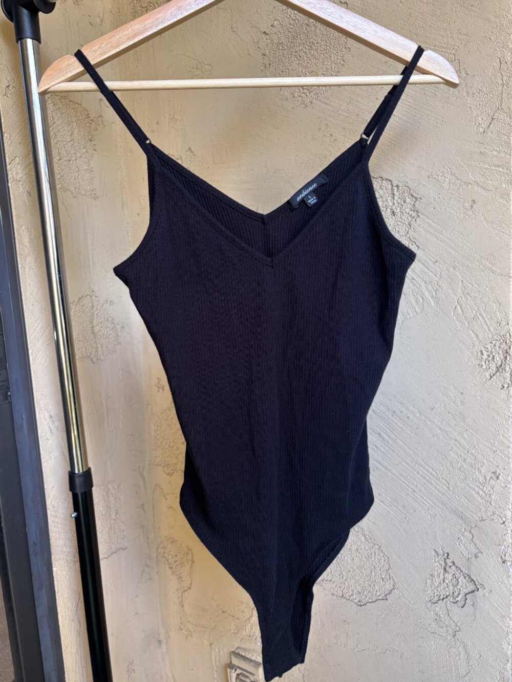 Black Sleeveless Ribbed Cotton V-neck Bodysuit with Adjustable Straps